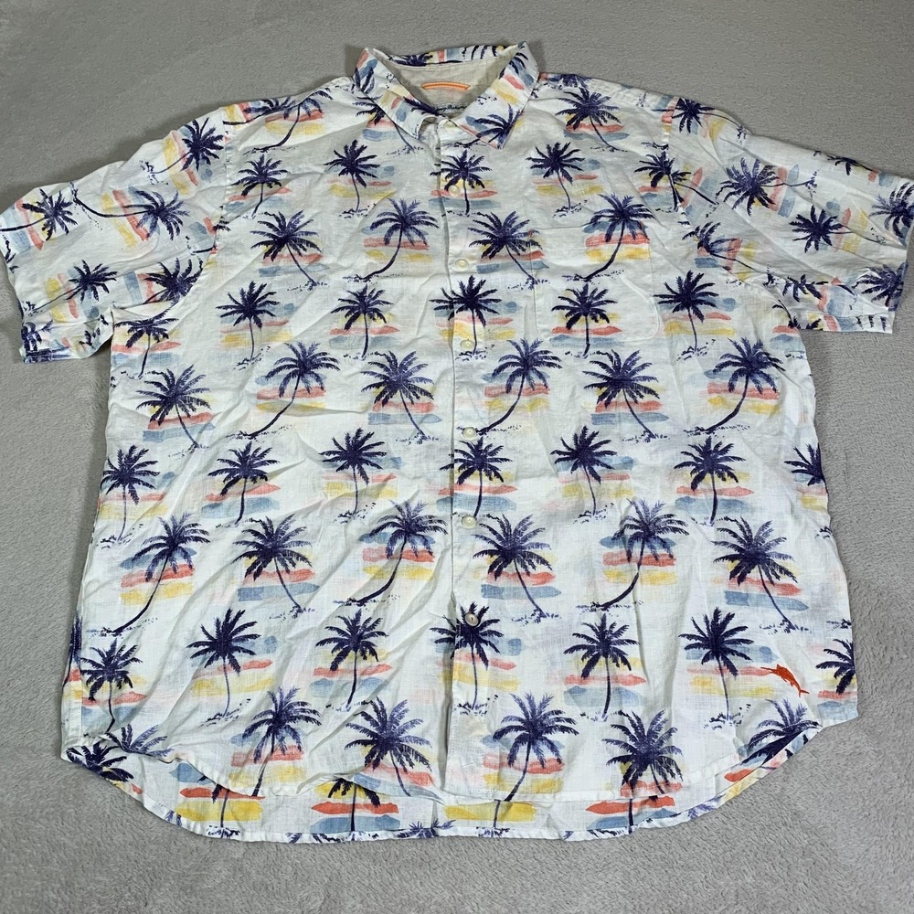 Tommy Bahama Shirt Mens 2XL White Linen Palm Tree Hawaiian Aloha Short Sleeve